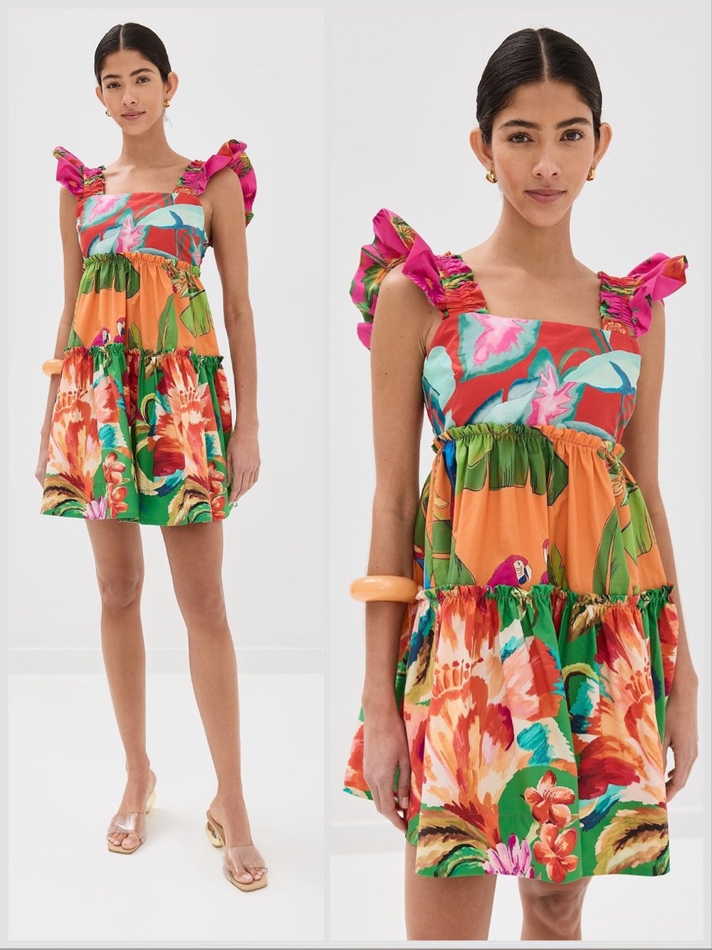 FARM Rio Foliage Mix Mini Dress Cotton Summer Tropical Tiered Ruffle Small NWT